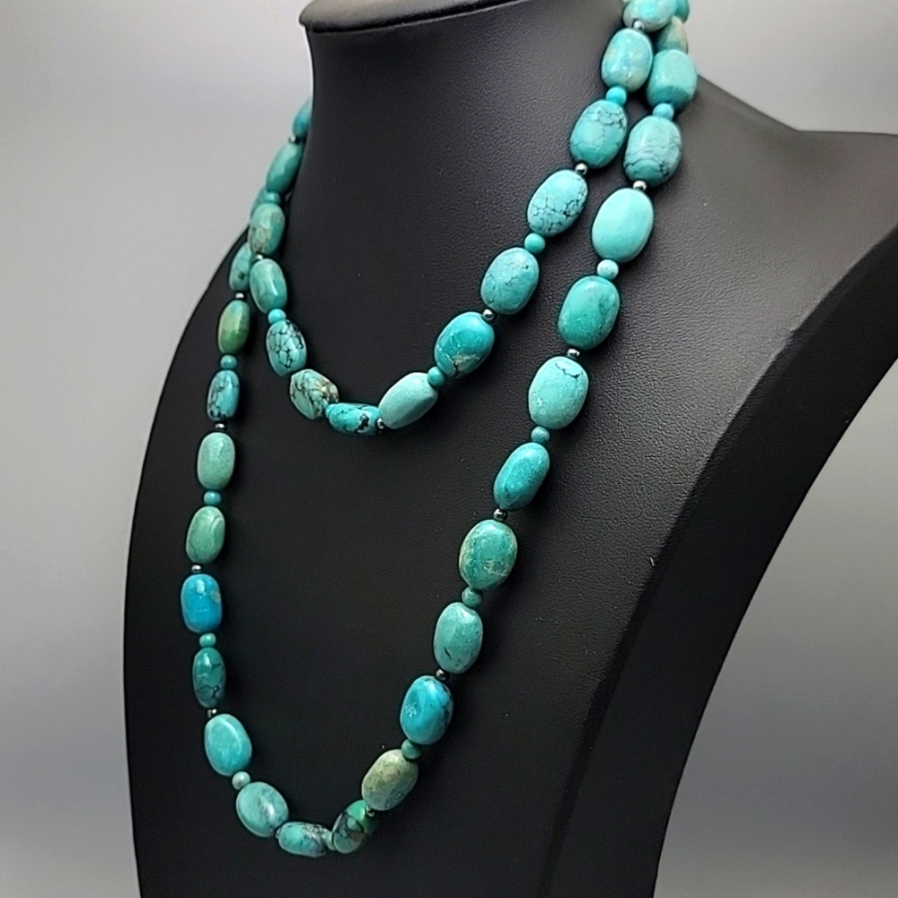 Genuine Turquoise 925 Sterling Silver Hematite Beaded Necklace 11x14mm Beads - Picture 2 of 11